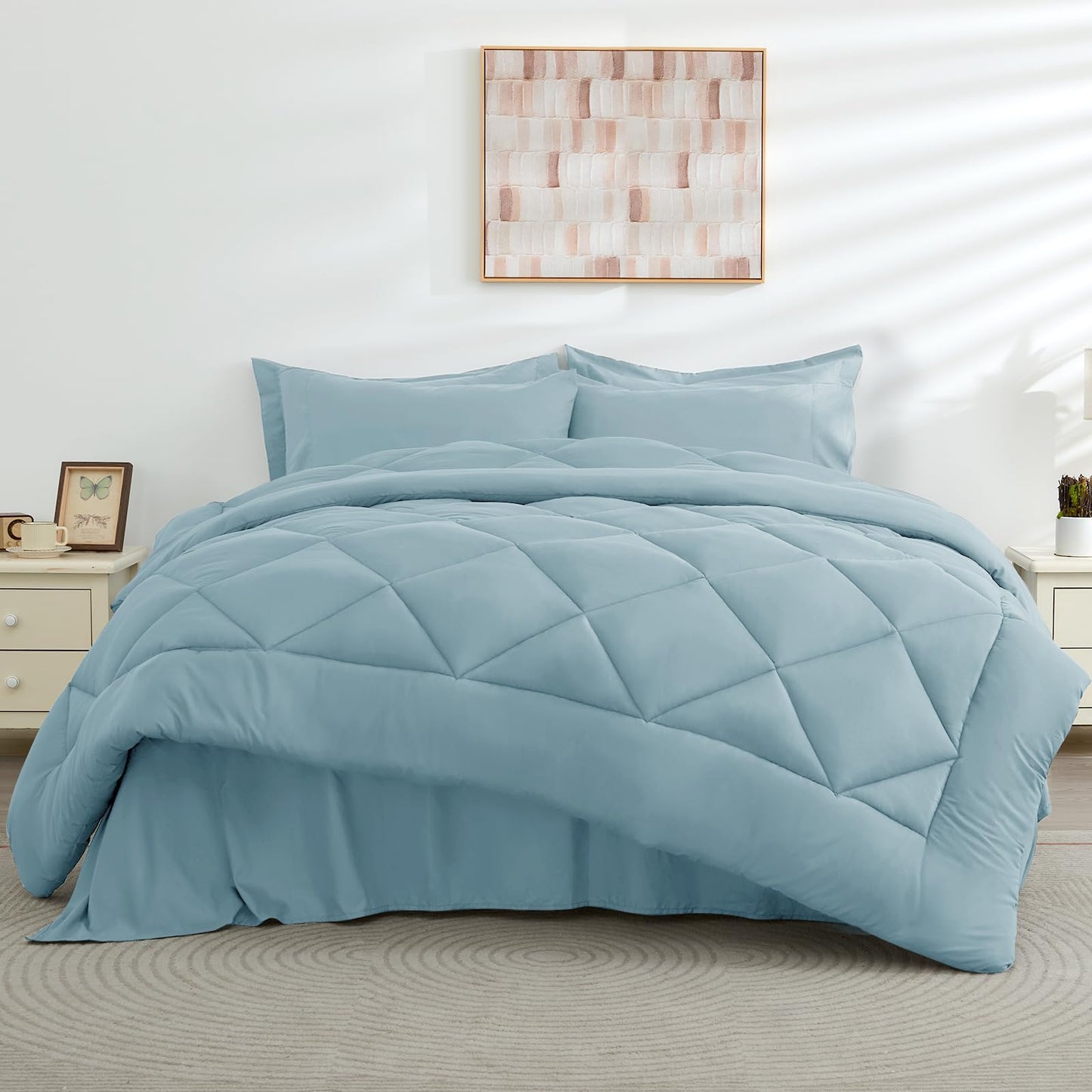 HEVUMYI 7 Pieces Queen Comforter Set, All Season Reversible Bed in a Bag Queen, Ultra Soft Queen Bedding Set